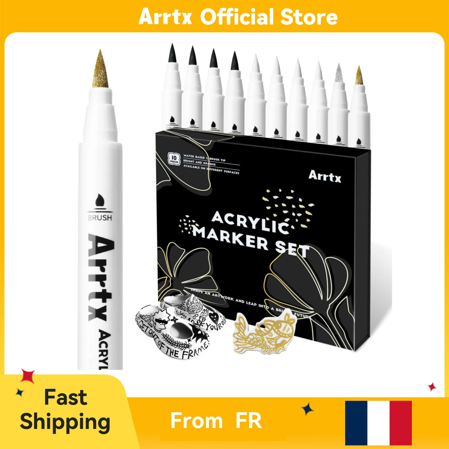 Arrtx Acryl-Farbstifte, 10er-Pack Pinselspitzen Weiße Farbmarker Metallic für Stein Stoff Holz Glas Leinwand Keramik, DIY-Bastelarbeiten