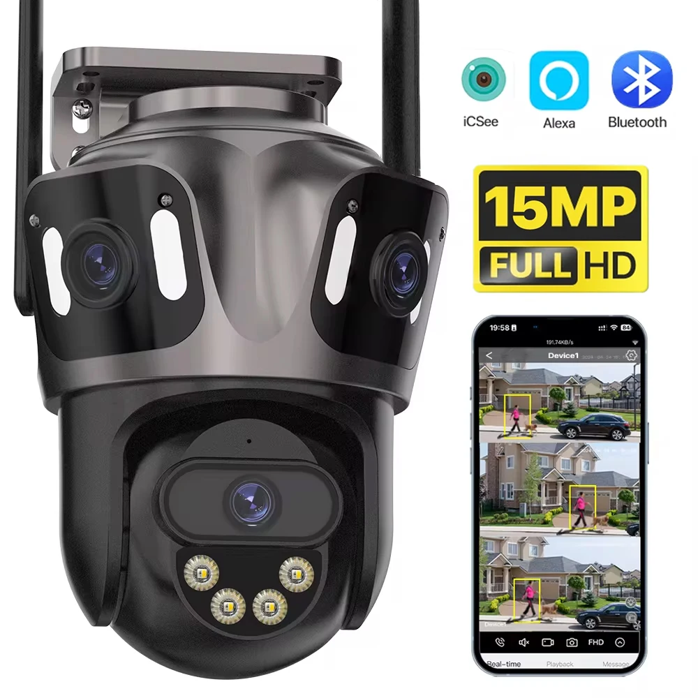 15MP HD Three Screen WIFI IP Camera Outdoor 4K Dual Lens Camera Ai Human Detection Waterproof CCTV Video Security Camera iCsee