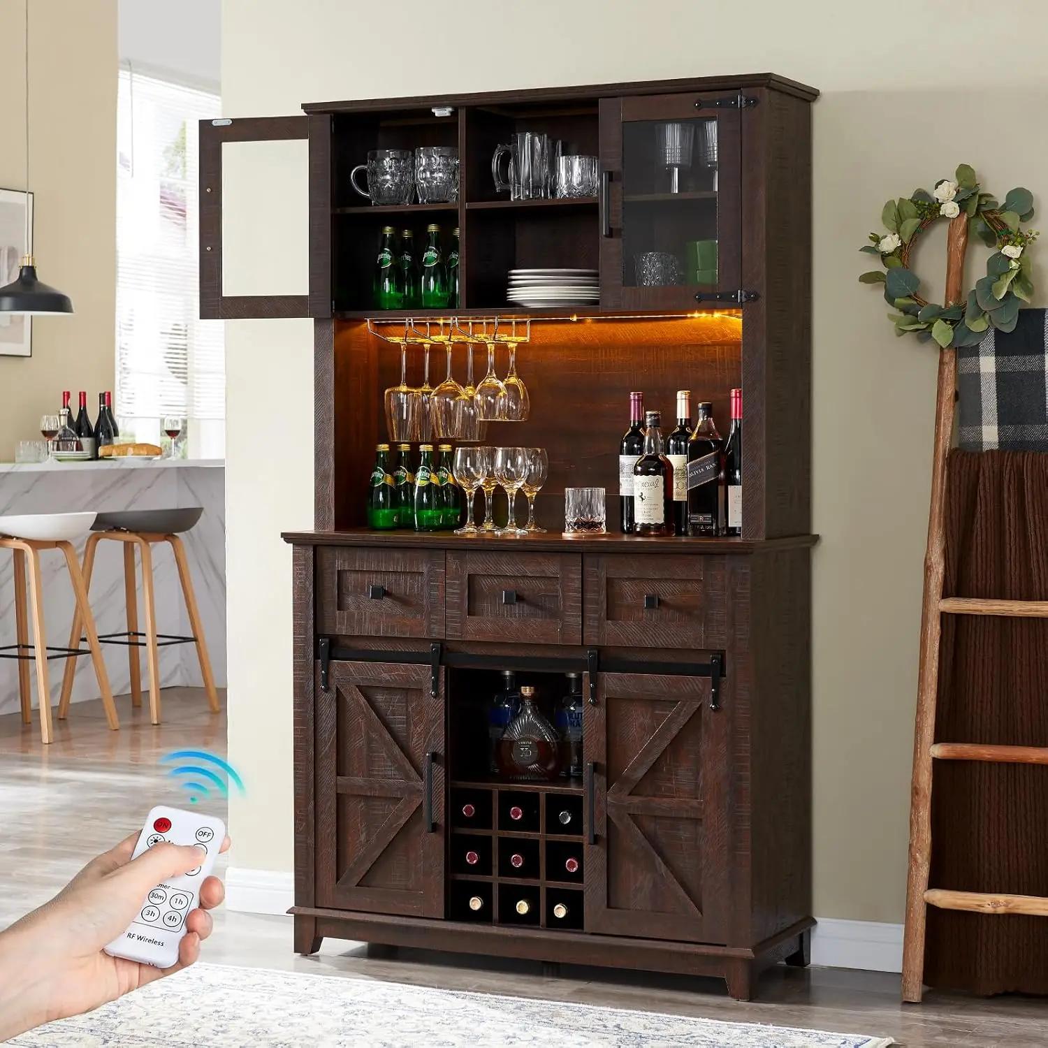 

72'' Coffee Wine Bar Cabinet with Sliding Barn Door, Farmhouse Kitchen Sideboard, Buffet Storage Table, Wine Glass Rack
