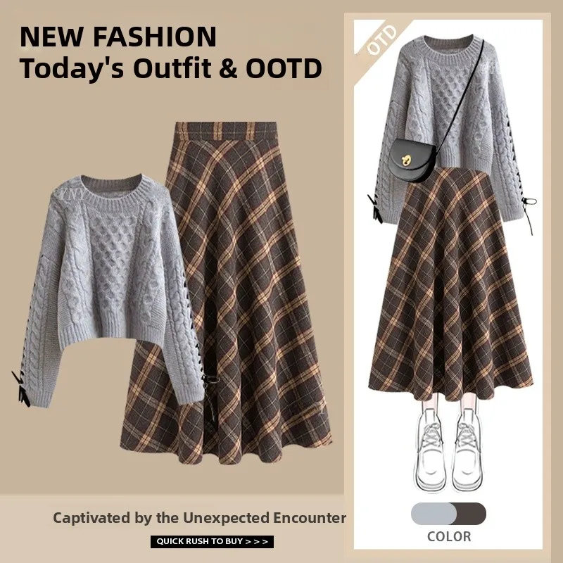 Autumn Faion Doll Collar Knitted Sweater Coat And Plaid  Skirt Two-Piece Women's Clothing Set High Waist Design Long Sl...