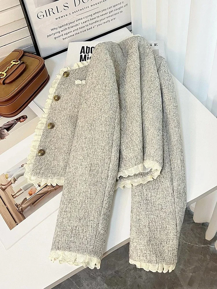 Autumn Vintage Casual Coats Women Long Sleeve Lace Ruffles Patchwork Jacket Retro Button O Neck Office Lady Elegant Slin Fit Top