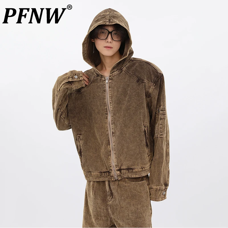 

PFNW Korean Corduroy Loose Hooded Coat With Pit Striped Loose Fit Zipper Jackets For Men And Women Autumn Winter Outwear 28W5382