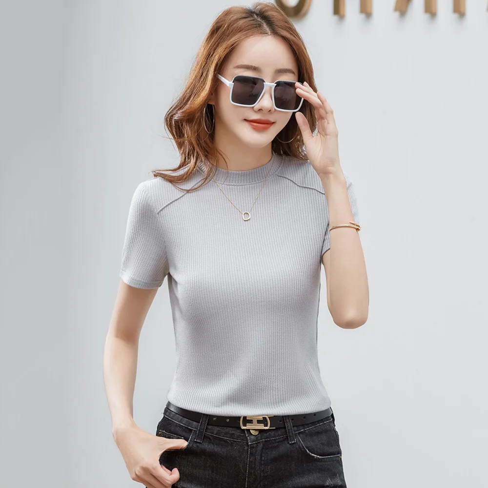 

Women Double-faced Waffle T-shirt Summer New Fashion Half High Collar Short Sleeve Slim Tees Tops Simplicity Chic Basic T-shirt