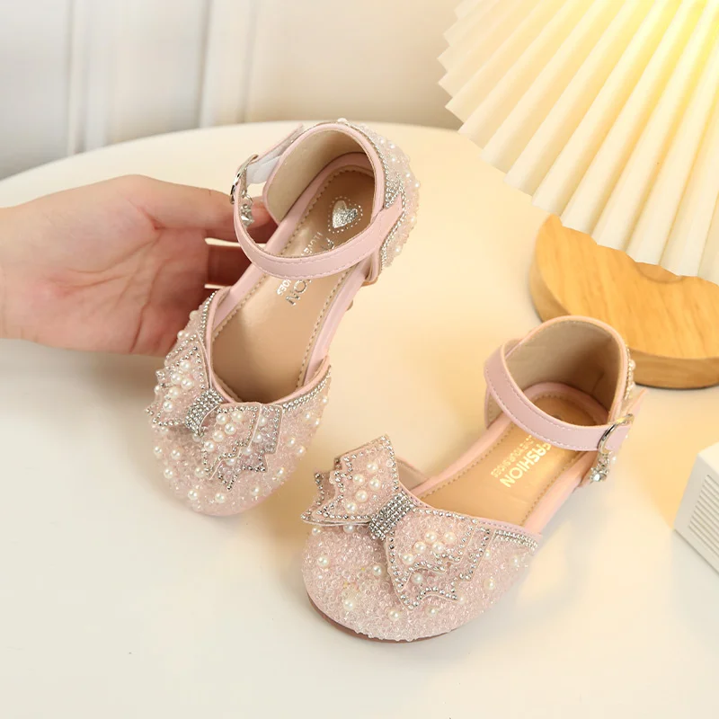 Baby Girls Princess Kids Fashion Student Cartoon Sandals Prom Cute and Comfortable Lace Crystal Bow Beaded Children Dance Shoes