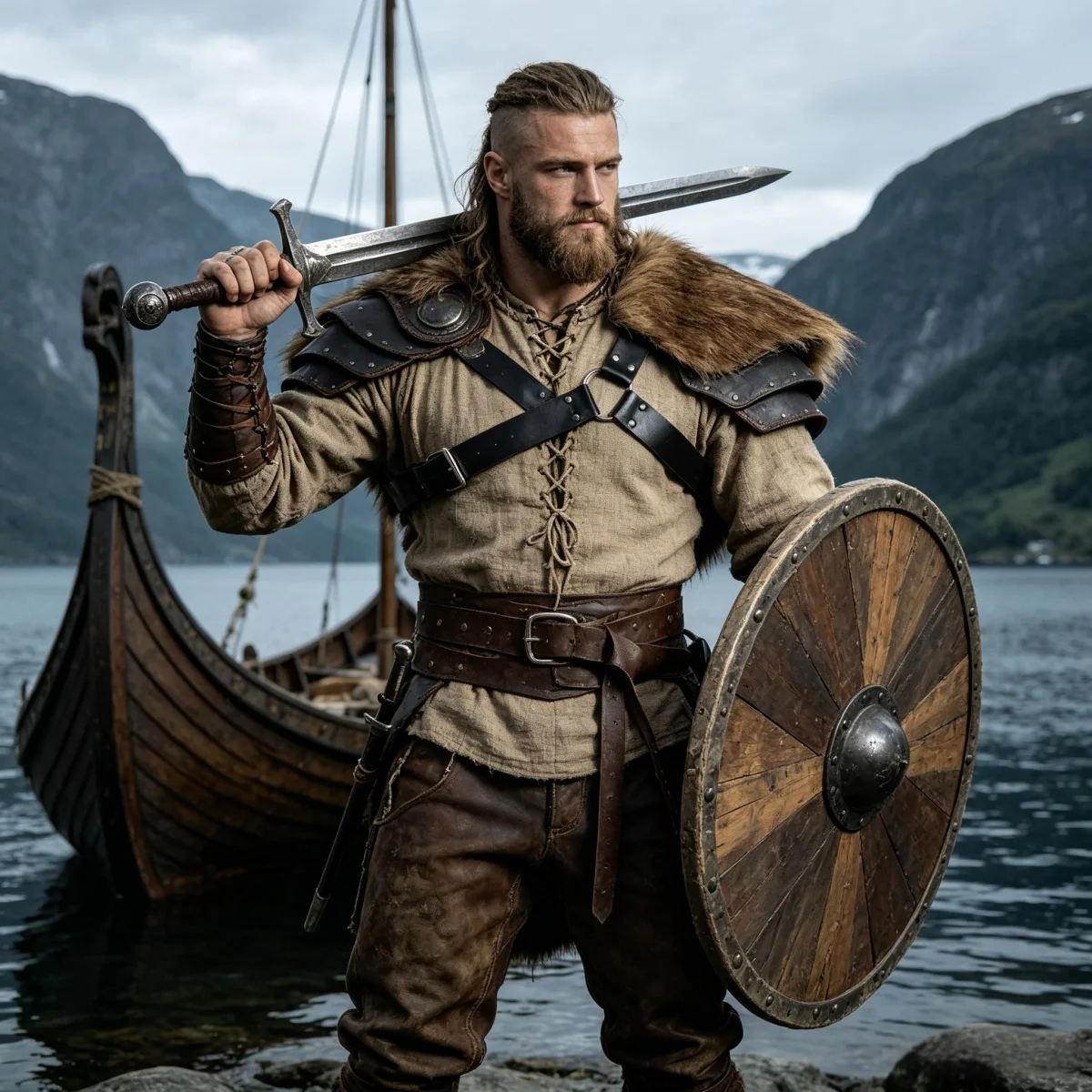 Medieval Viking Faux Fur One Shoulder Armor Strap Warrior Costume Leather Chest Harness for Cosplay