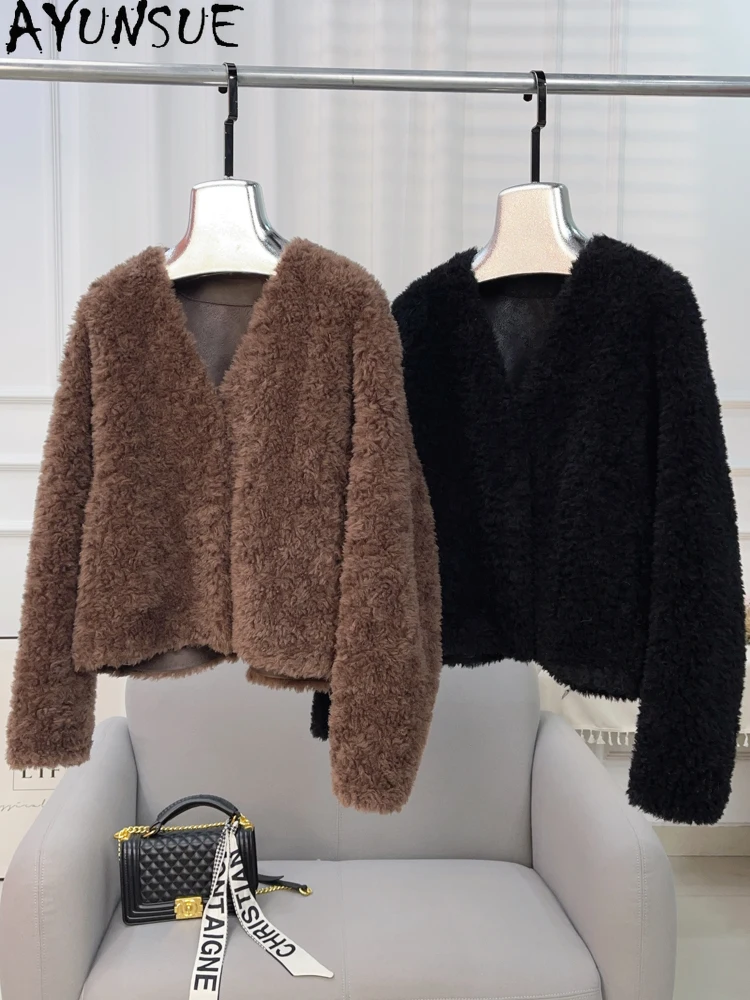 

AYUNSUE 2025, осень-зима, женская куртка из 100% натуральной шерсти, куртка из овечьего меха с v-образным вырезом, женская одежда, новая верхняя одежда, Ropa Para Mujer