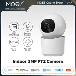 MOES-cámara de seguridad inteligente Tuya WiFi para interiores, videocámara Pan/de 3MP Tilt, HD, visión nocturna infrarroja, seguimiento de movimiento, detección de sonido, compatible con Onvif