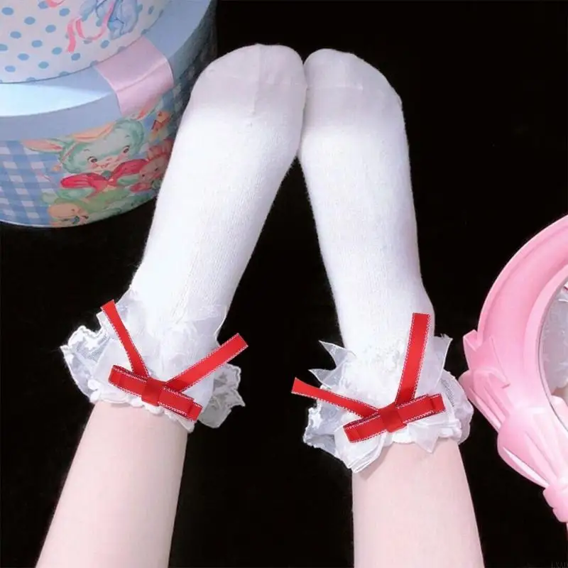 LXAD Womens Japanese Sweet Socks Ruffle Lace Top Ribbon Bowknot Ankle Socks