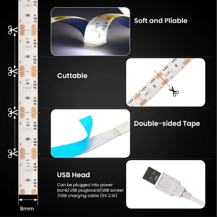 USB 2 en 1 tira de LED con interruptor de barrido manual sensor de movimiento 1M 2M 3M 5M cinta de luz de decoración de la cinta para la cocina armario habitación