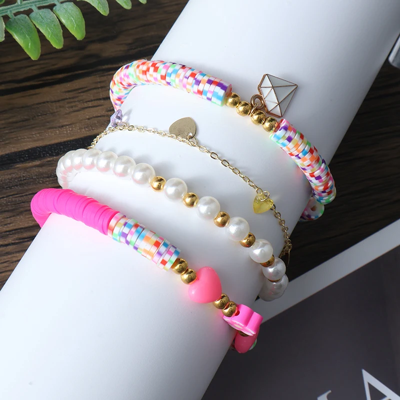 HI MAN Coloured Soft Pottery White Oildrop Diamond Bracelet Handmade Classic Woman Gifts Friend Daily Occasion 4 Pcs/Set