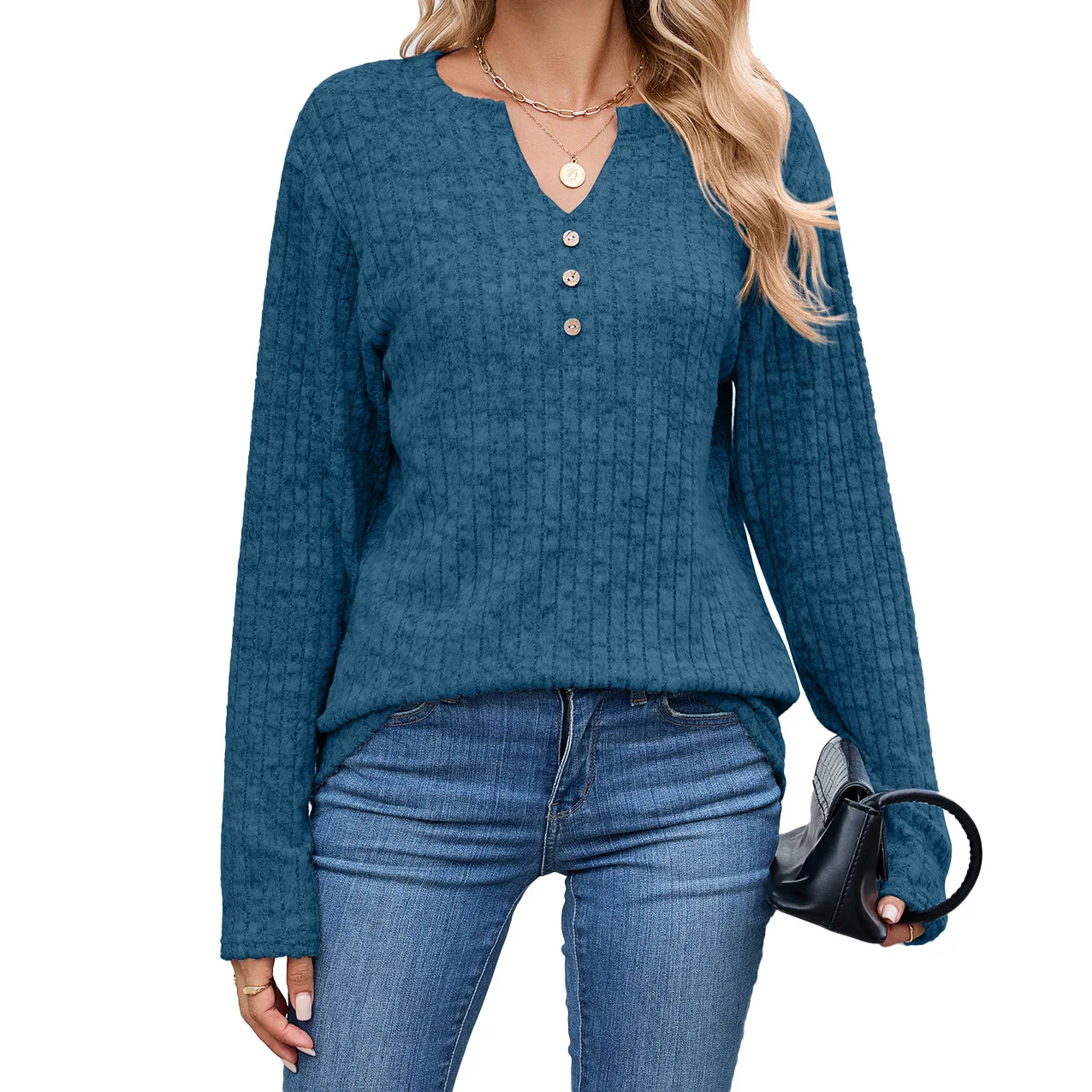 تي شيرت نسائي فضفاض طويل Sve بياقة على شكل V وزر Cleanfit Sle للسيدات مجموعة شتوية أنيقة لون نقي على شكل حرف a Sve