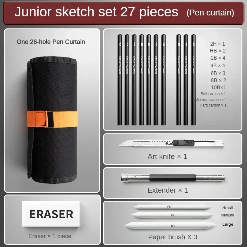 27/38/47pcs Sketch Pencils Set Roll Up Canvas Wrap Sketching Pencil Bag Drawing Charcoals Kneaded Eraser Stationery Art Supplies