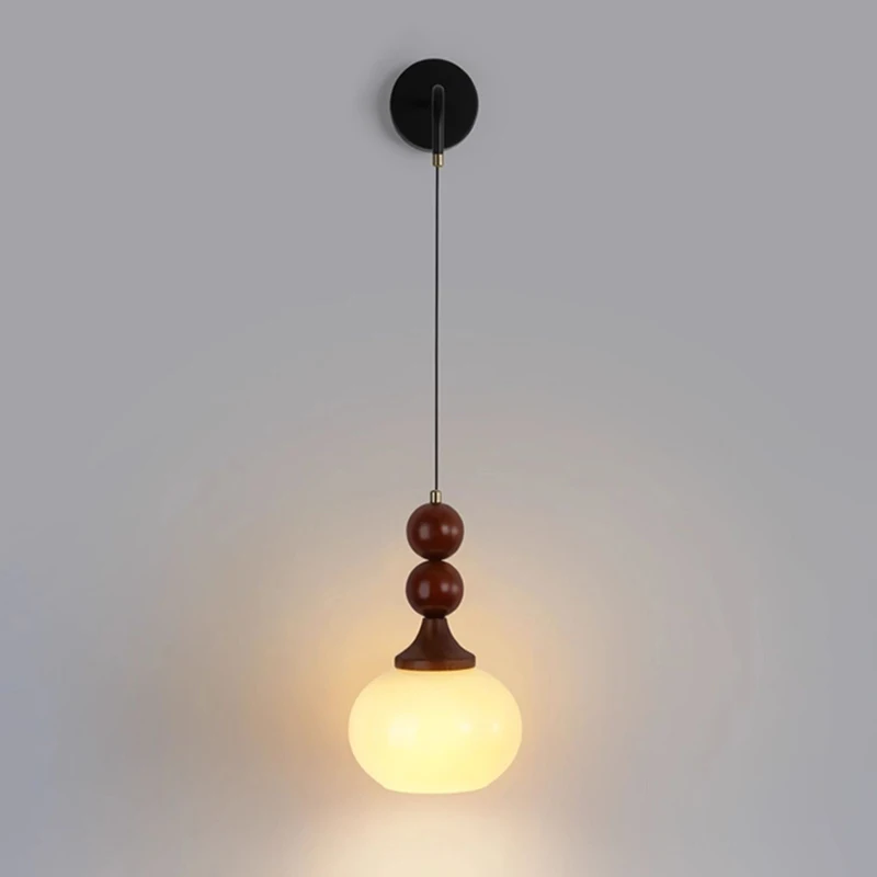 Middle aged bedside pendant lighting American retro solid wood master bedroom study room glass hanging line wall ligthing lamp