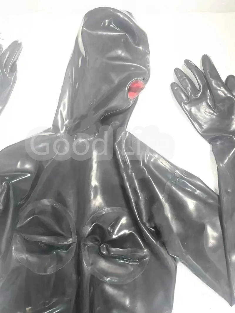 Full Cover Black Latex Catsuit Attached  Two Sheath  zentai mask hood costumes back zipper