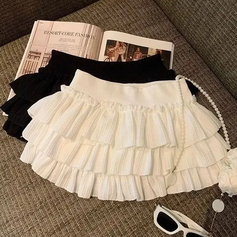 

Милая мини-юбка с рюшами для женщин, пышная юбка-кейк в корейском стиле, с драпировкой, для кампуса, в стиле Харадзюку, повседневная, универсальная, с эластичной талией, однотонная