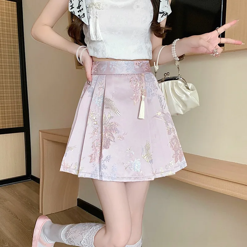 

2024 New Chinese National Style Skirt Women Design Sense Satin Jacquard Horse-face Skirt Versatile Pleated Short Skirt Female