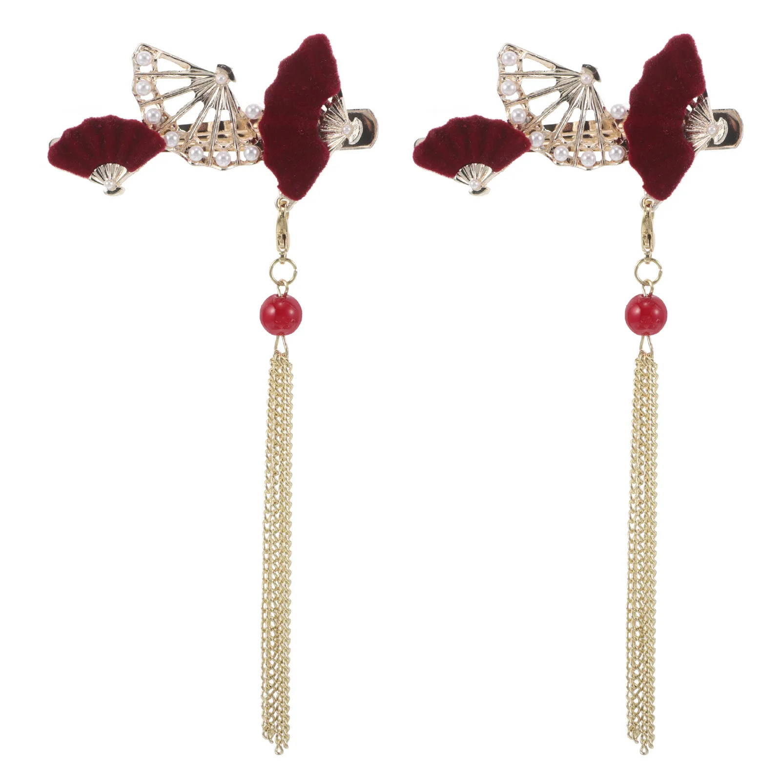 

2pcs Japanese Style Tassel Hair Clips Fans Shape Barrette Flower Chinese Hanfu Hairpin Decorative Fringe Hairpin Non-Slip Bangs