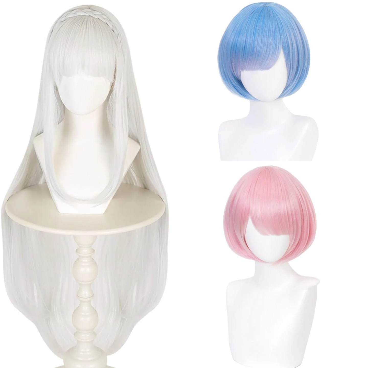 Anime Re: Life in a Different World from Zero Emilia Rem Ram Cosplay Wig Heat Resistant Halloween Party Wigs for Women Girls