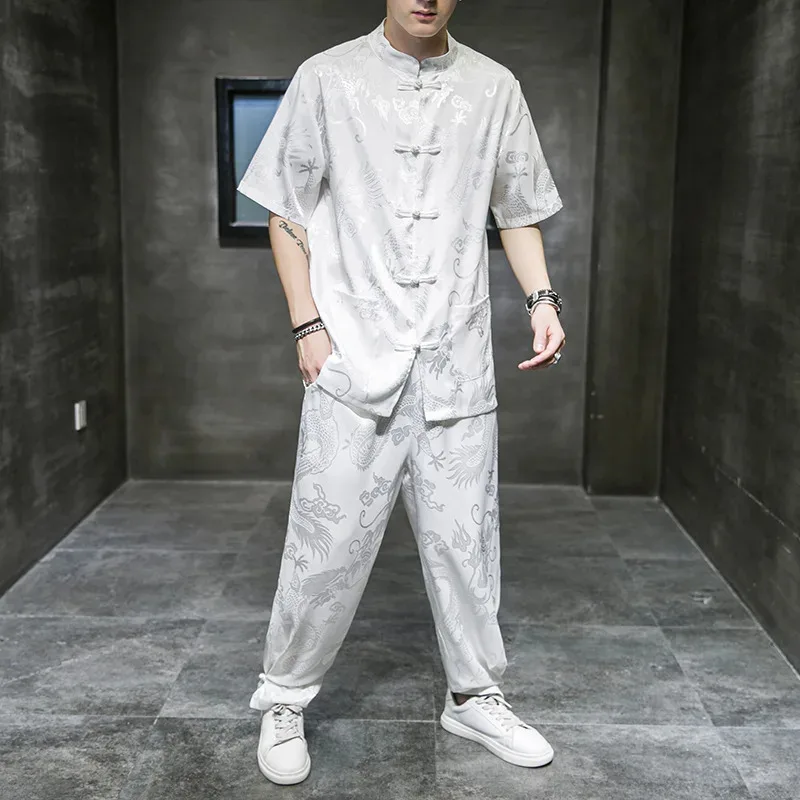 خمر زر الذكور تانغ دعوى السنة الجديدة الملابس التقليدية الصينية الرائعة التنين هانفو مجموعة الشرقية الكونغ فو قميص السراويل 5XL