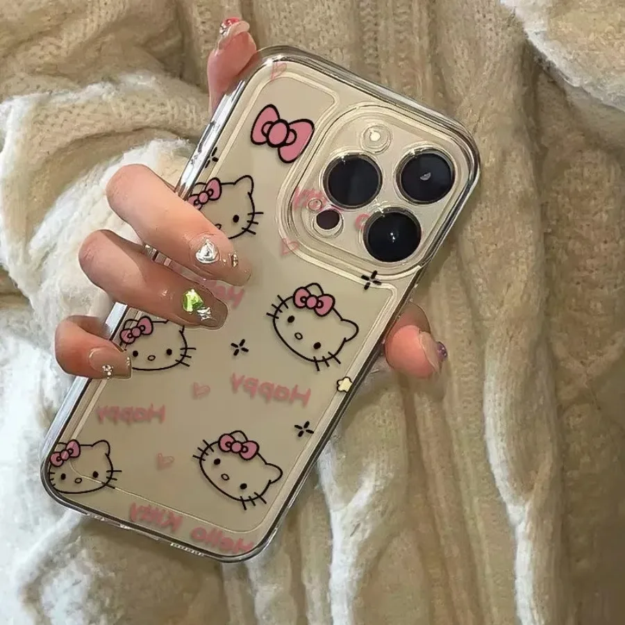 Sanrio Hello Kitty KT Head Bow Phone Case For iPhone 16  Pro Max  Pro  Plus Cute Girl Y2K Creative Cover