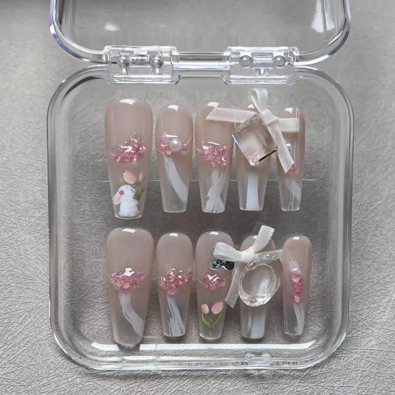 Oryginalny Sparkling Diamond Y2K Handmade Press On Nails Fake Nail Heart Diamond Design Full Cover Nail Tips Wearable False Nail
