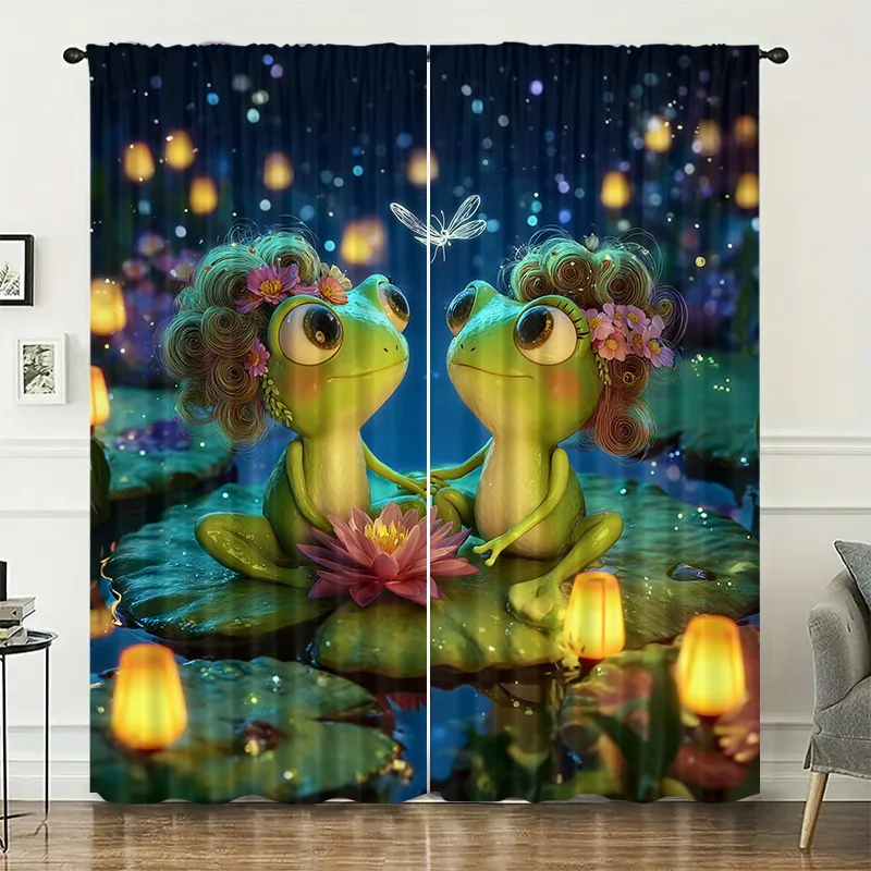 Lotus Pond Animal Frog Pattern Curtains, Pole-Type Installation - Suitable for Bedrooms, Restaurants, Hotels