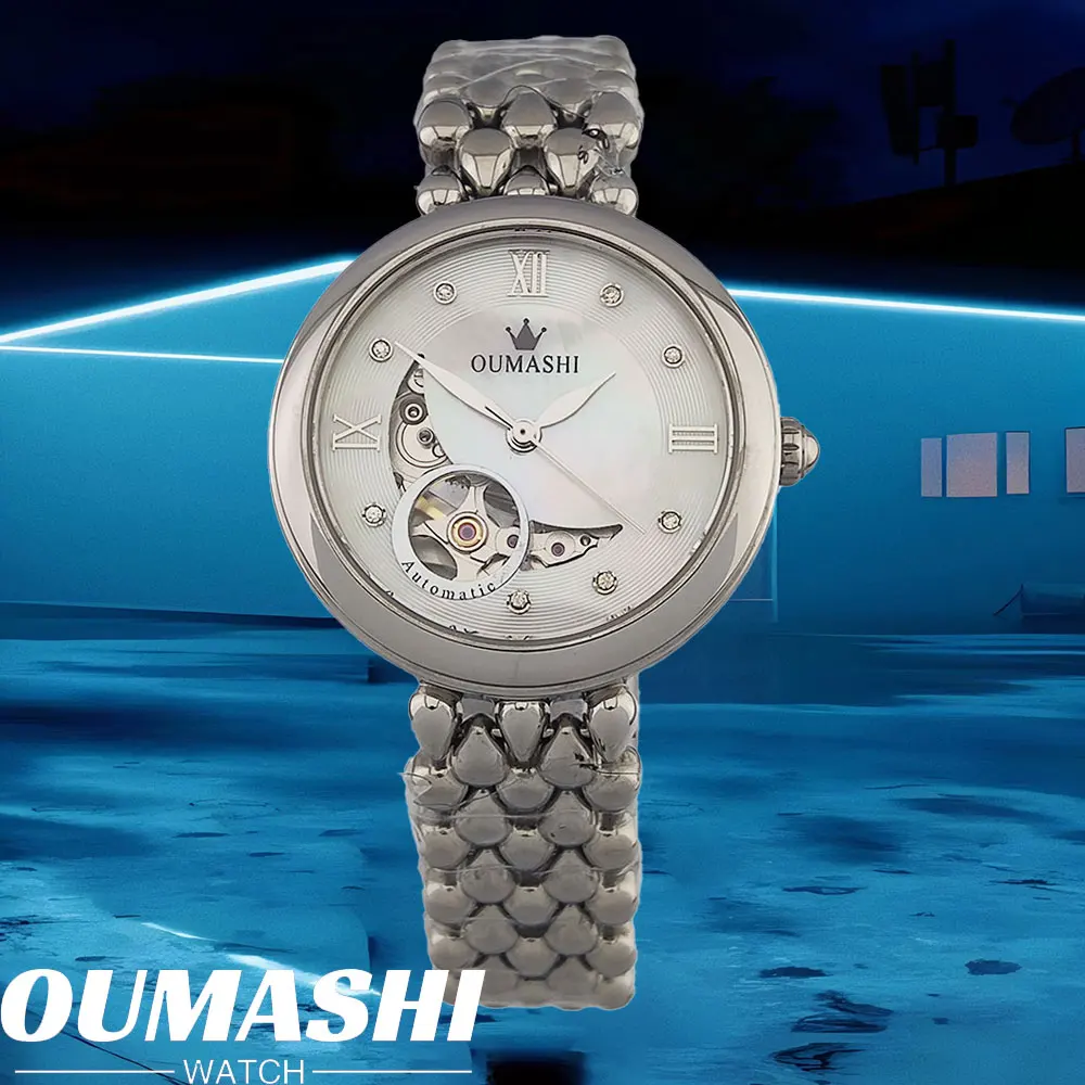 Reloj de mujer ligero de lujo de negocios dorado de acero inoxidable a la moda para mujer. Maquinaria automática Relojes Reloj femenino Reloj de pulsera