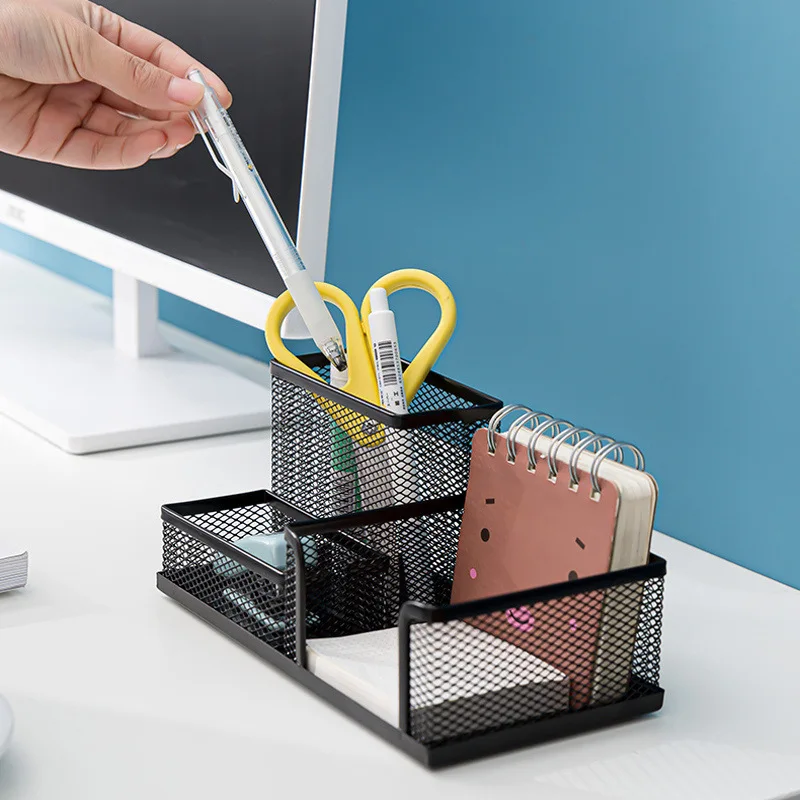 3-In-1 Organizer meja tempat pena pensil logam Hollow Mesh Kawat Organizador De Escritorio Lapices meja kantor aksesoris