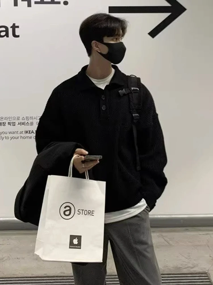 

Американский вязаный свитер в стиле ретро, мужской повседневный воротник большого размера, осень-зима, универсальный модный бренд, чистый цвет