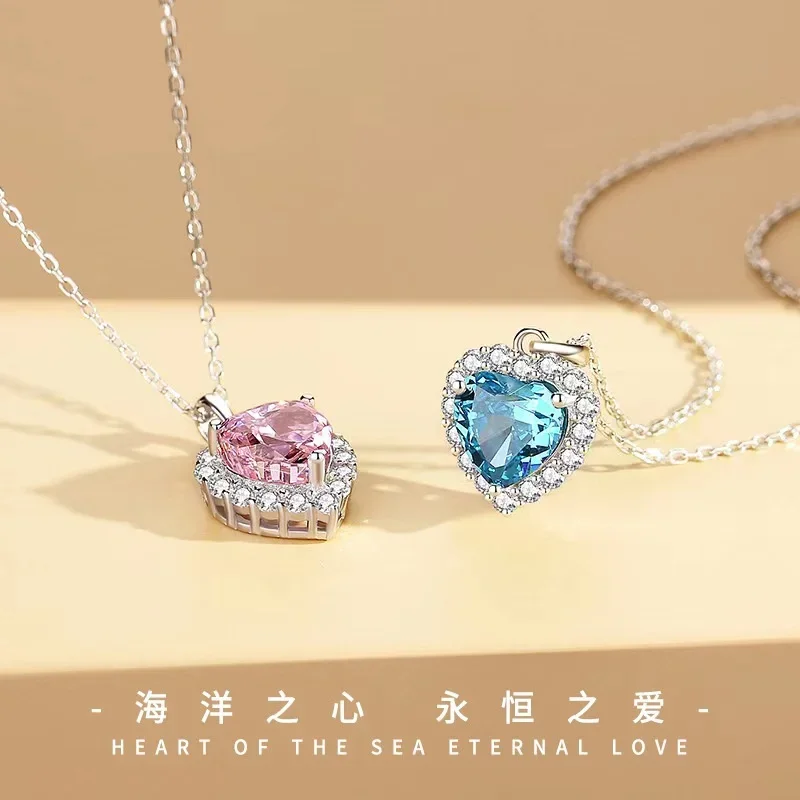 

Ocean Heart Necklace Female S925 Sterling Silver Light Luxury Love Collar Chain Female Blue Ice Cut Gift For Girlfriend Lover