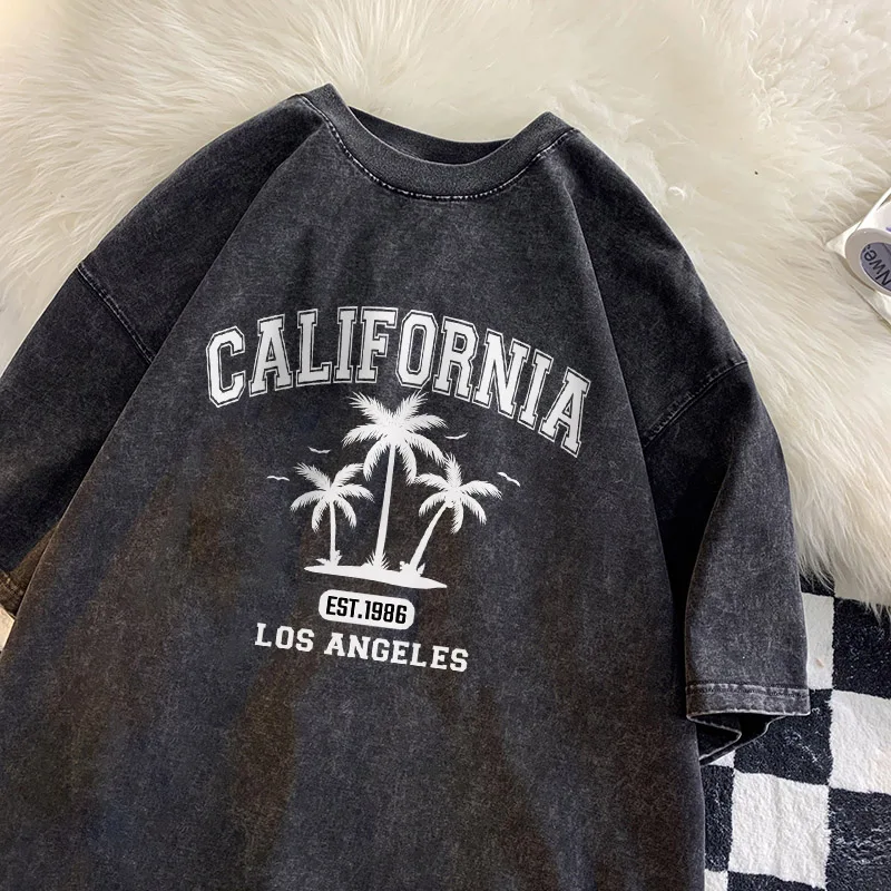 Los Angeles Letter California T-shirt Men Summer Beach Print Shirt Cotton Vintage Washed Tee Unisex Breathable T-shirts Men Tiki