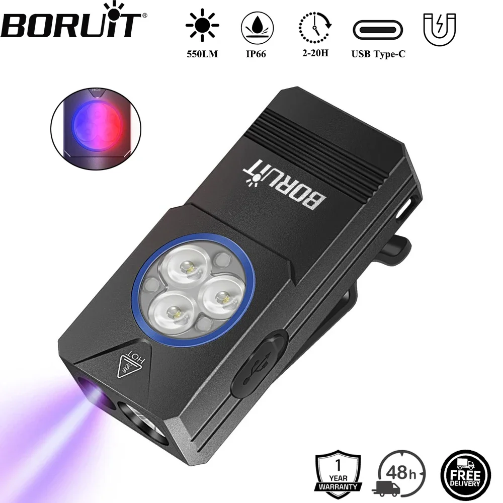 BORUiT EV30 550LM Keychain EDC Flashlight Type-C Rechargeable UV LED Work Light Torch with Magnet Camping Pocket Lantern