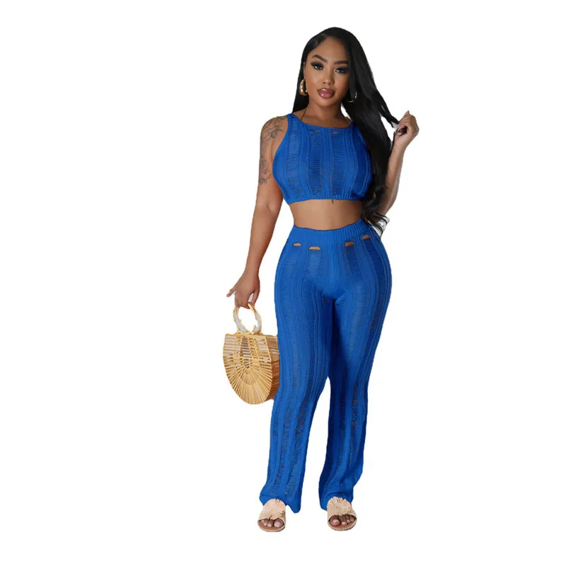 Hand Crochet 2 Piece Set Round Neck Sleeveless Sexy Crop Top and Wide Leg Pant Women Hole Knitted Summer Beach Suit