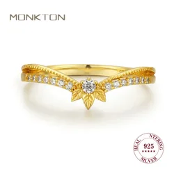 Monkton 925 Sterling Silver Vintage Wedding Rings for Women Leaves V Shaped CZ Diamond Gold Plated Engagement Proposal Ring