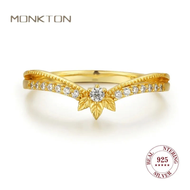 Monkton 925 Srebro Próby Sterling Vintage Obrączki Ślubne Damskie Liście w Kształcie Litery V z Cyrkoniami Złocone Pierścionki Zaręczynowe