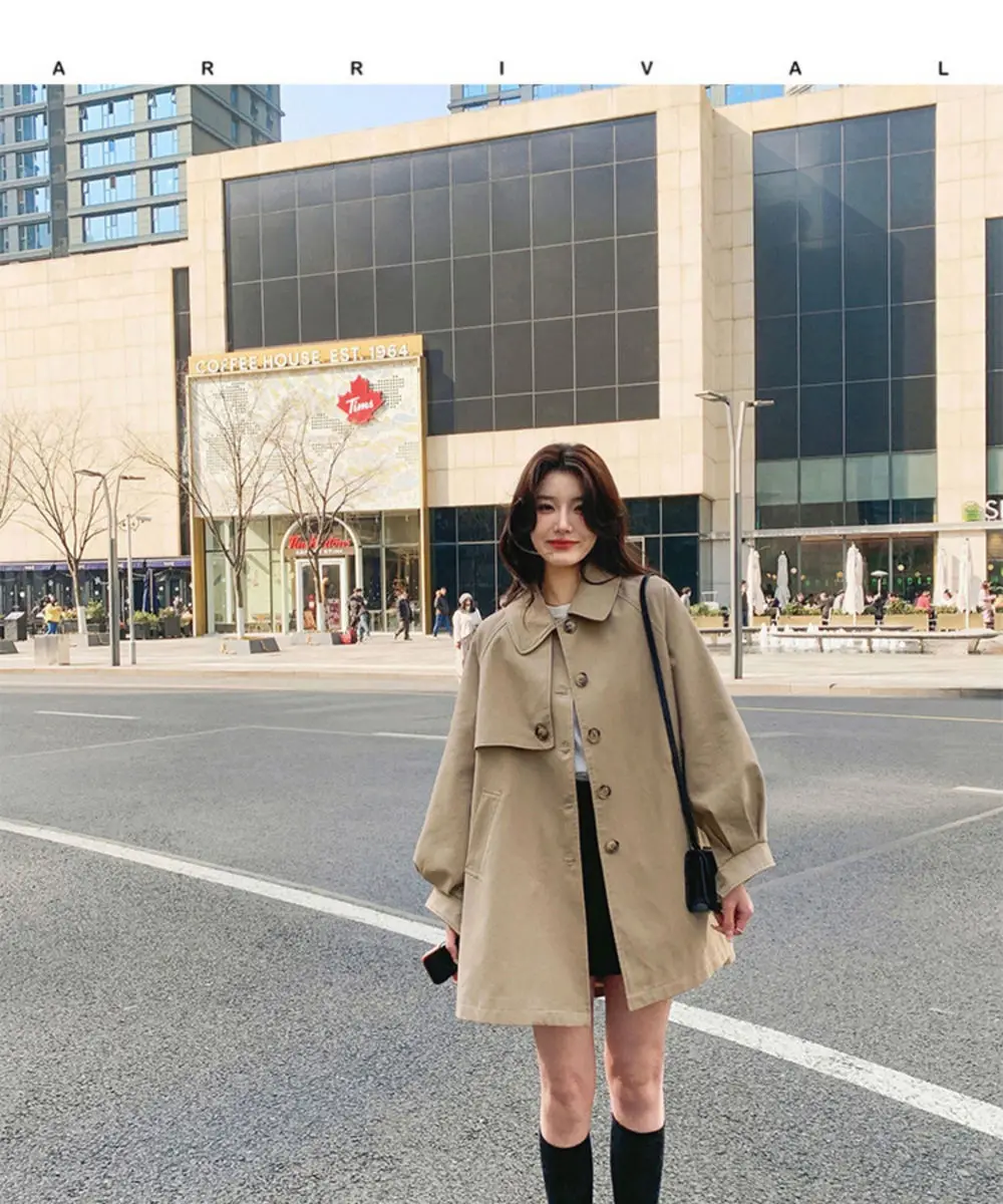 Khaki Trench Coat Mid-Length Classic Coats Formal Women Windbreake Jackets Spring Fall Outwear Lantern Sleeves Windbreaker