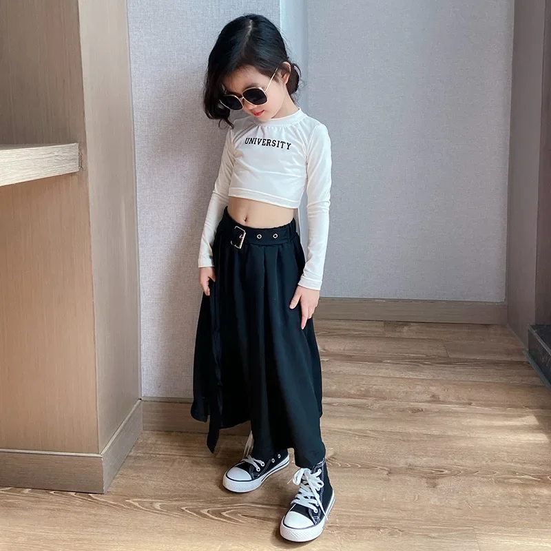 Korean Streetwear Black Chiffon Midi Skirt Slit Irregular High Waist Baby Girls Kids Clothing Party Show Long Skirts 3 To 12 Yrs