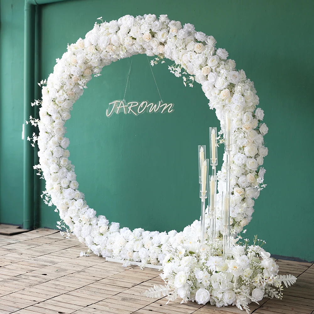 White Series Rose Flower Arrangement for Wedding Event Backdrop Decoration Stage Metal Circle Stand Home Decor Props Customized