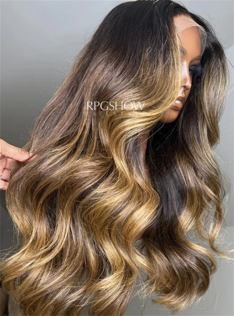 

Длинный волнистый женский парик с золотистыми блонд-оттенками и натуральными темными корнями, с HD-кружевной основой, термостойкий