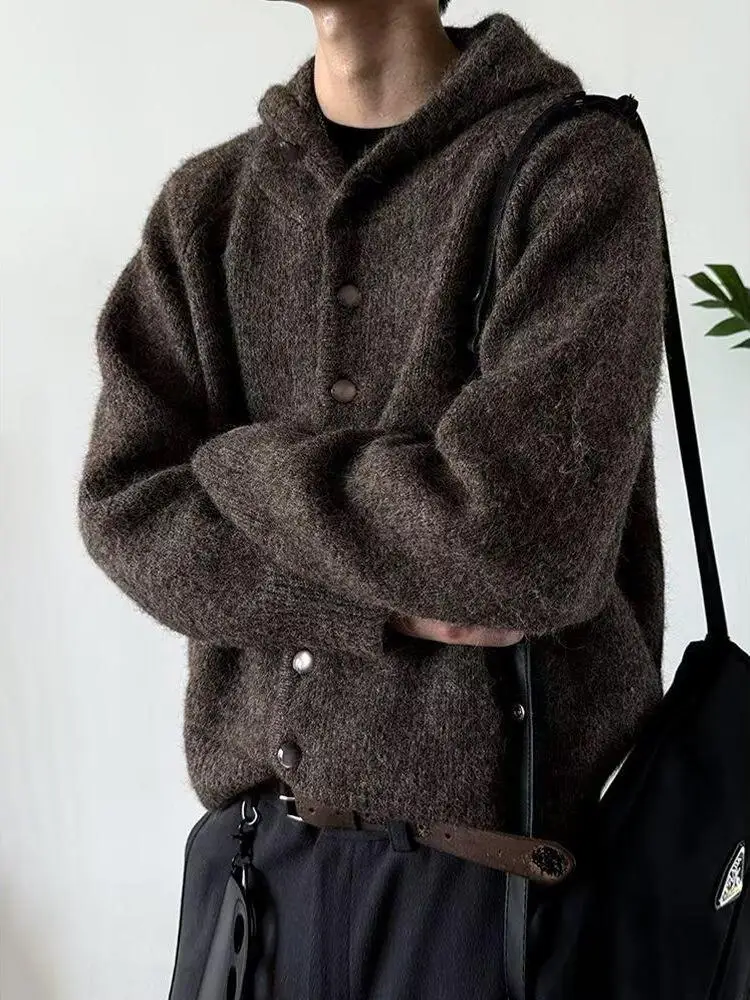 

Мужской вязаный кардиган в стиле ретро с капюшоном, длинными рукавами, свободного кроя, теплый, повседневный, осенне-зимний, модная верхняя одежда на весну