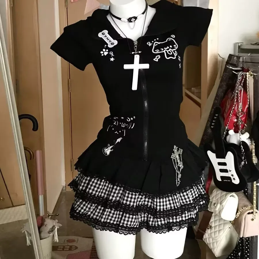 

Sweet Cool Y2K Lace Spicy Girl Cake k Punk Fluffy Versatile Skirt Patchwork Plaid f-length Bicolor A-line Skirt