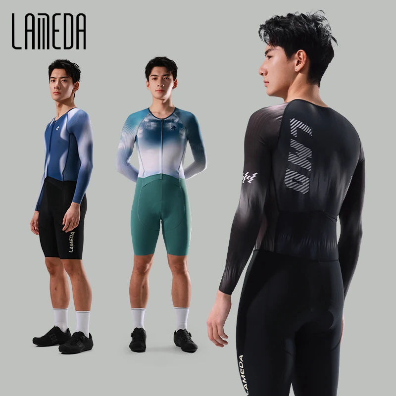 LAMEDA Professioneller Herren-Radsportanzug, einteilig, langärmelig, schnell trocknend, atmungsaktiv, kurze Hose, Rennrad-Trikot, Rennsport-Kleidung
