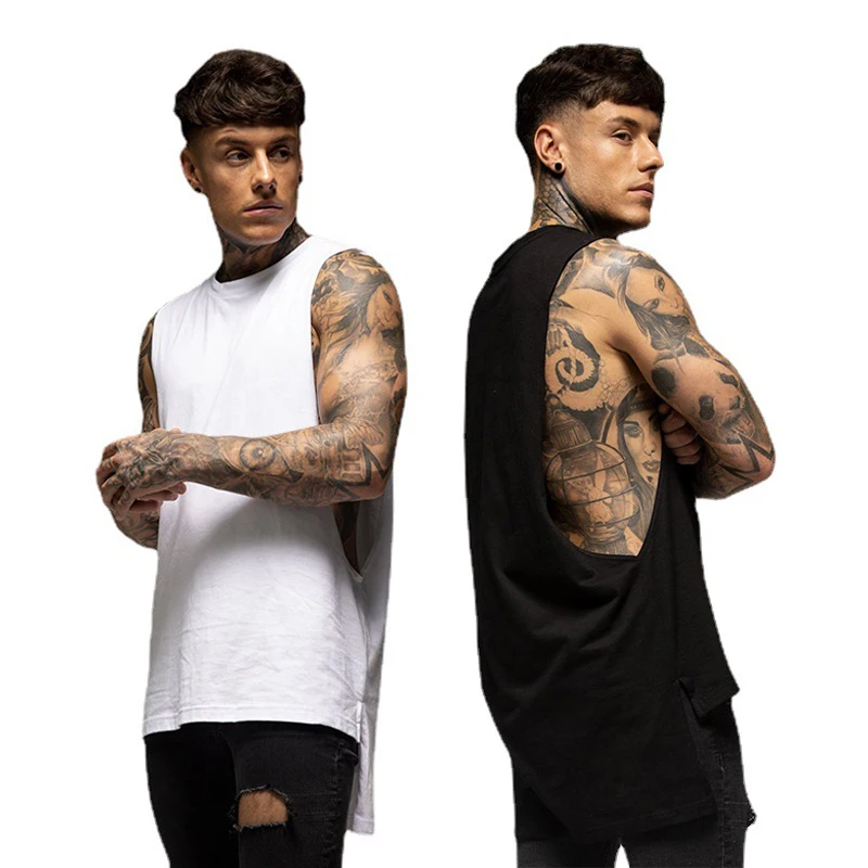 Plain Mens Casual Extend Long Singlets Gym Bodybuilding Tank Top Summer Fitness Clothing Cotton Workout Sports Sleeveless Shirts