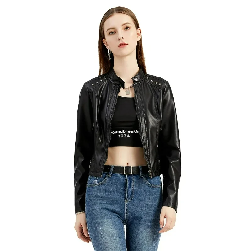 

Women Studded Leather Short Jackets Spring Autumn Cropped Coats Long Sleeve Stand Collar Fashion 4XL Street Trendy Camel Slim