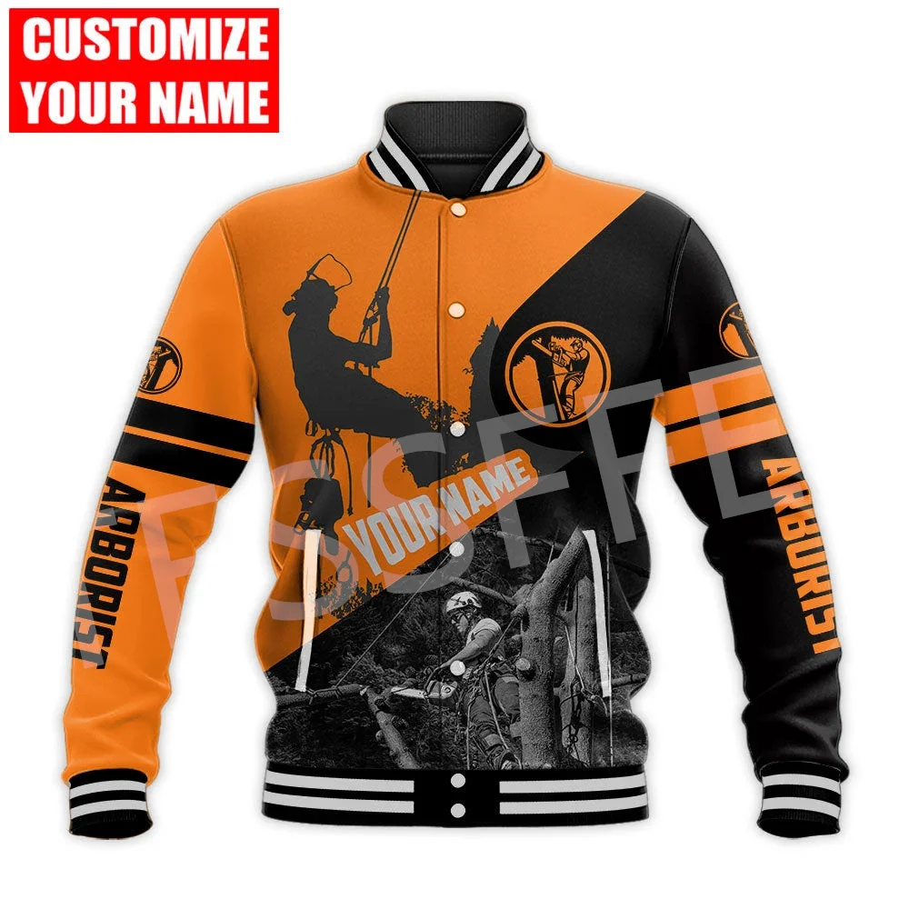 Custom Name Arborist Logger Chainsaw Carpenter Worker Tattoo 3DPrint Men/Women Harajuku Casual Button Coat Baseball Jacket XA2