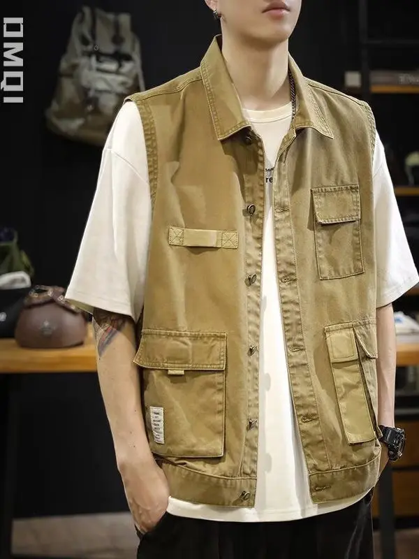 

Men's Casual Svel Vest Multi-ket Workwear Trendy Brand Outerwear Jaet Large Size oulder Pad Vest Spring 2025