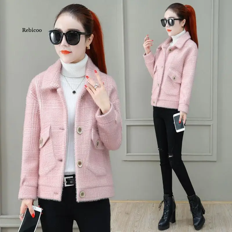 

Plaid Mink Velvet Jacket Women New Korean Wild Wool Blend Coat Spring Autumn Ladies Loose Short Woolen Jacket Outwear