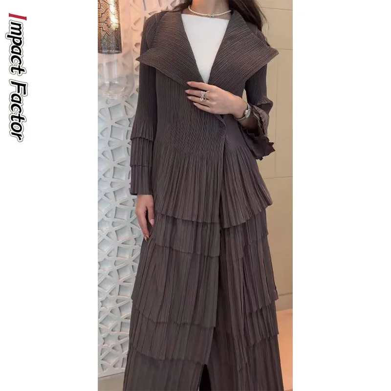 Pleated and Ruffled Robe, New Spring/summer 2024 Long Suit, Collar, Long Jacket, Fashionable Gray Women's Fashion Trend