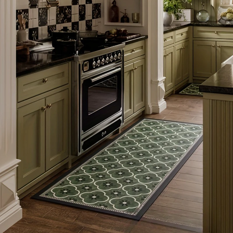Vintage Green Floral Tile Pattern Print Long Floor Mat, Non Slip Washable Runner Rug for Kitchen, Bathroom Living Room Decor Mat
