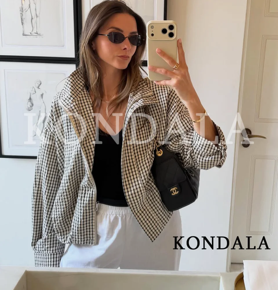 KONDALA Women Casual Streetwear Plaid Zipper Jacket 2026 Spring Summer Trendy Loose Jacket Lady Elegant  Chic Stand-Collar Coat
